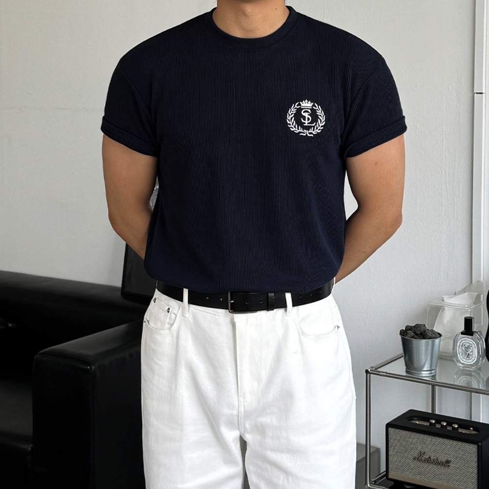 [4컬러]센틀 남자 자수 골지 머슬핏 스판 반팔 티셔츠